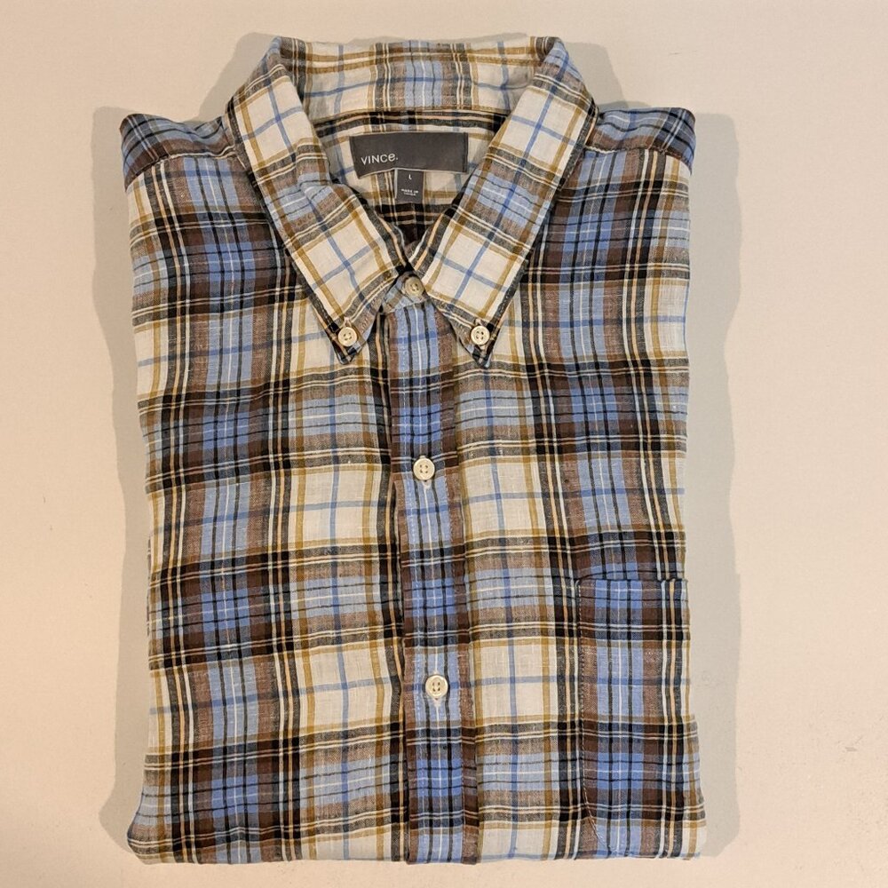 Vince Men's Large 100% Linen Long Sleeve Button Down Plaid Shirt Style M13081062 - Picture 7 of 15